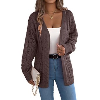 Women's Hollow Out Cardigan Lantern Long Sleeve Mid-Length Open Front Knit Outerwear