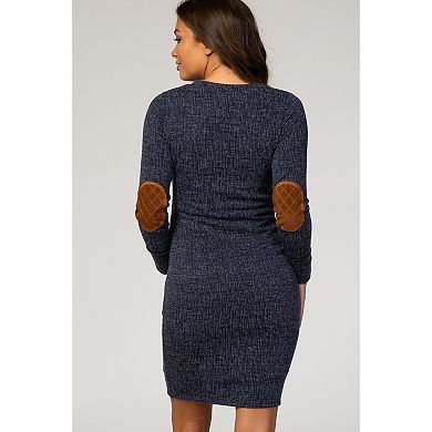 Maternity Heather Navy Suede Elbow Patch Sleeve Maternity Dress