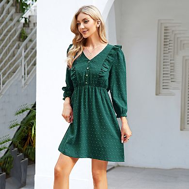 Women's Casual Button Front Ruffle Shoulder Dress