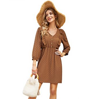 Women's Casual Button Front Ruffle Shoulder Dress