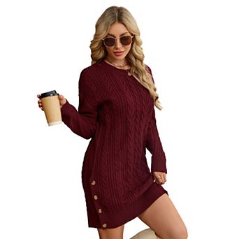 Women Side Buttons Ribbed Knit Sweater Dresses