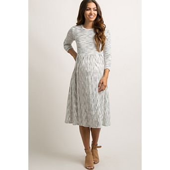 Maternity Ribbed Striped Pleated Midi Dress