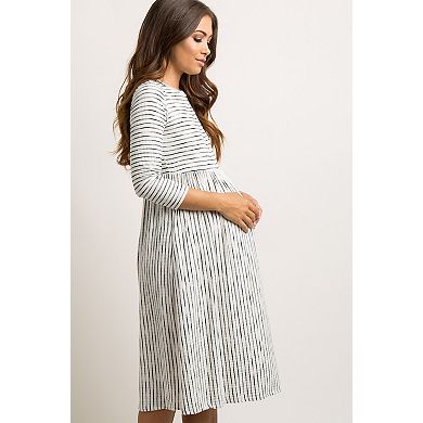 Maternity Ribbed Striped Pleated Midi Dress