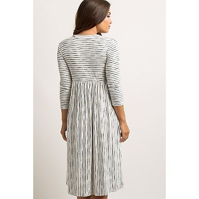 Maternity Ribbed Striped Pleated Midi Dress