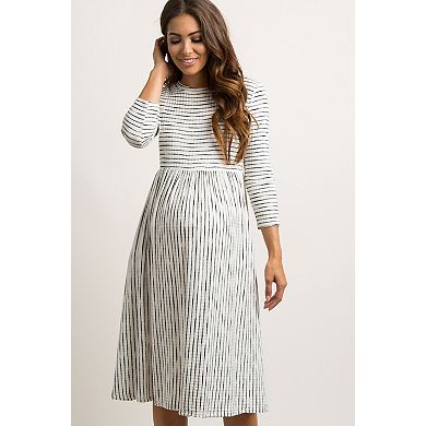Maternity Ribbed Striped Pleated Midi Dress