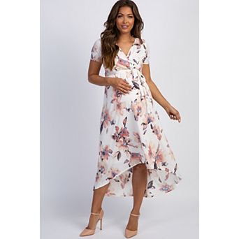 Maternity Ivory Watercolor Floral Hi-Low Maternity Wrap Dress
