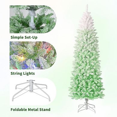 Pencil Christmas Tree Prelit, green Gradient Snow Flocked Holiday Decoration Xmas Tree