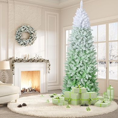 Pencil Christmas Tree Prelit, green Gradient Snow Flocked Holiday Decoration Xmas Tree