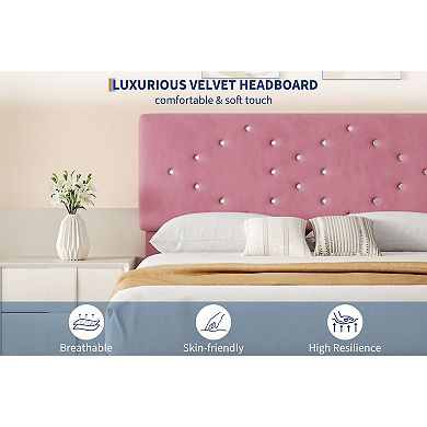 Queen Bed Frame,Upholstered Platform Bed w/Button Tufted Headboard&Under-Bed Storage Space, pink