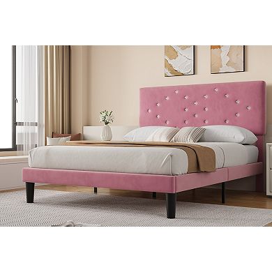 Queen Bed Frame,Upholstered Platform Bed w/Button Tufted Headboard&Under-Bed Storage Space, pink