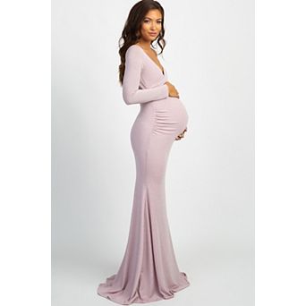 Maternity Pink Metallic Off Shoulder Long Sleeve Wrap Maternity Photoshoot Gown/Dress