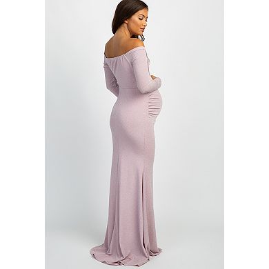 Maternity Pink Metallic Off Shoulder Long Sleeve Wrap Maternity Photoshoot Gown/Dress