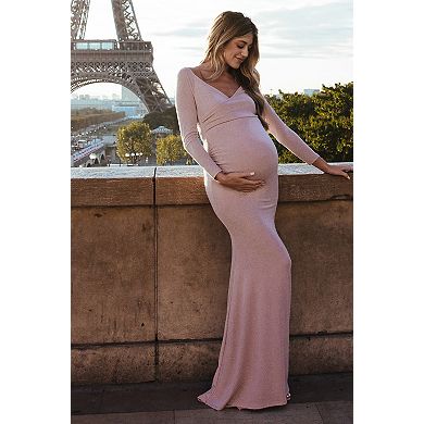 Maternity Pink Metallic Off Shoulder Long Sleeve Wrap Maternity Photoshoot Gown/Dress