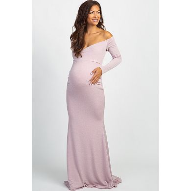 Maternity Pink Metallic Off Shoulder Long Sleeve Wrap Maternity Photoshoot Gown/Dress