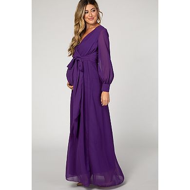 Maternity Chiffon Long Sleeve Pleated Maxi Dress