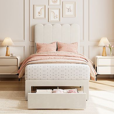 Twin Bed Frame with Under-Bed Drawer, Velvet Upholstered Platform Bed with Wave Headboard for Kids