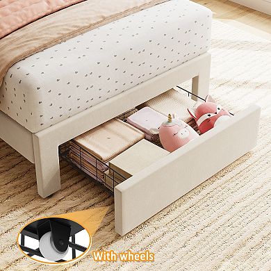 Twin Bed Frame with Under-Bed Drawer, Velvet Upholstered Platform Bed with Wave Headboard for Kids