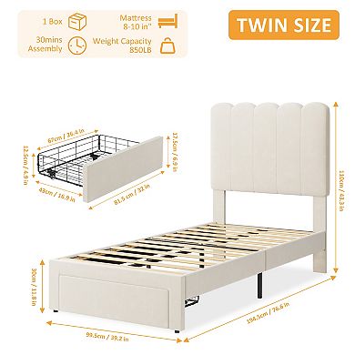 Twin Bed Frame with Under-Bed Drawer, Velvet Upholstered Platform Bed with Wave Headboard for Kids