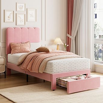 Twin Bed Frame with Under-Bed Drawer, Velvet Upholstered Platform Bed with Wave Headboard for Kids
