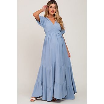 Maternity Blue Deep V-Neck Maxi Dress