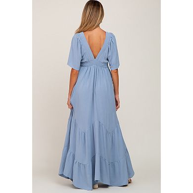 Maternity Blue Deep V-Neck Maxi Dress