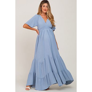 Maternity Blue Deep V-Neck Maxi Dress