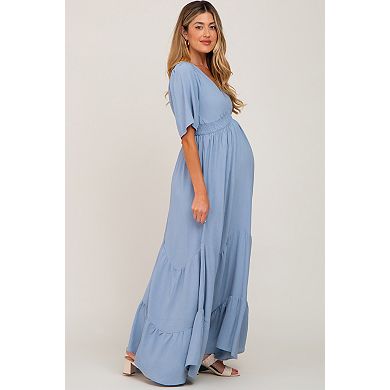 Maternity Blue Deep V-Neck Maxi Dress