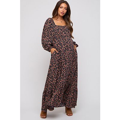 Navy Blue Floral Square Neck Ruffle Maternity Maxi Dress