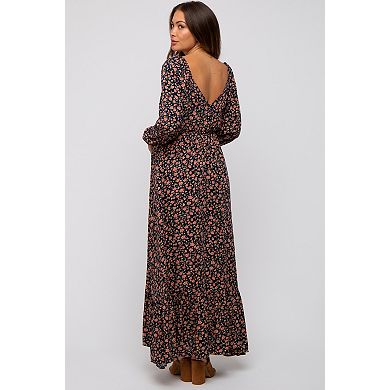 Maternity Blue Floral Square Neck Ruffle Maxi Dress