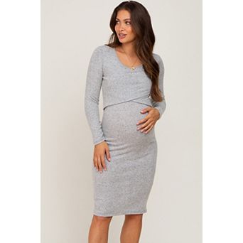 Maternity Grey Brushed Knit Long Sleeve Wrap Nursing Dress