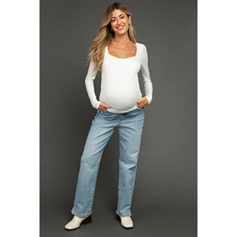 Maternity Blue Straight Leg Distressed Hem Maternity Jeans