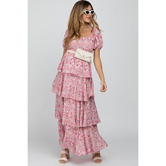 Maternity Floral Square Neck Ruffle Layered Maxi Dress