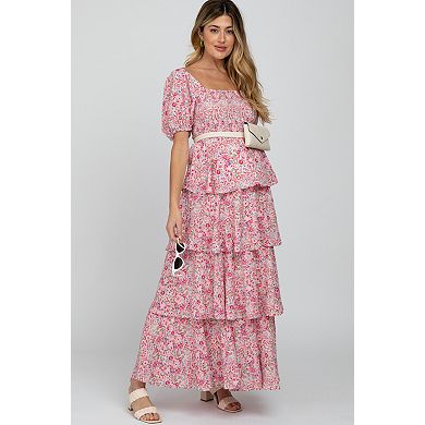 Maternity Floral Square Neck Ruffle Layered Maxi Dress