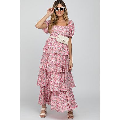 Maternity Floral Square Neck Ruffle Layered Maxi Dress