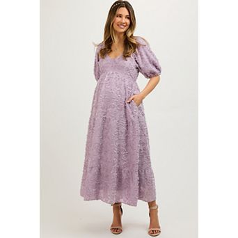 Maternity Fringe Textured Short Puff Sleeve Midi Dress