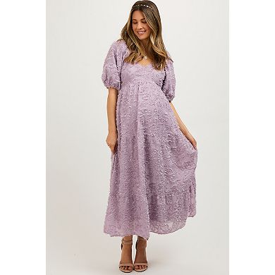 Maternity Fringe Textured Short Puff Sleeve Midi Dress
