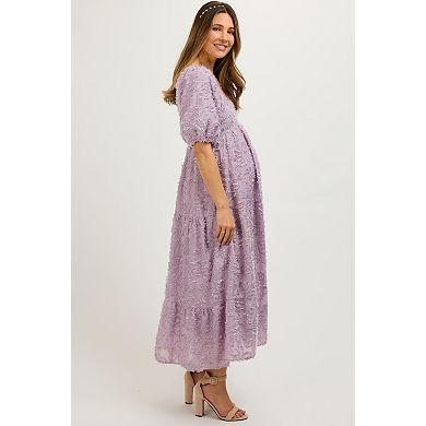 Maternity Fringe Textured Short Puff Sleeve Midi Dress
