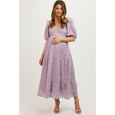 Maternity Fringe Textured Short Puff Sleeve Midi Dress