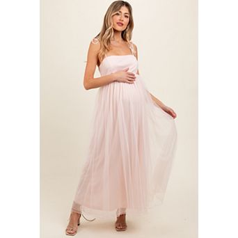 Maternity Pink Square Neck Shoulder Tie Tulle Maxi Dress