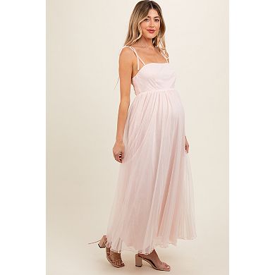 Maternity Pink Square Neck Shoulder Tie Tulle Maxi Dress