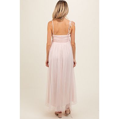Maternity Pink Square Neck Shoulder Tie Tulle Maxi Dress