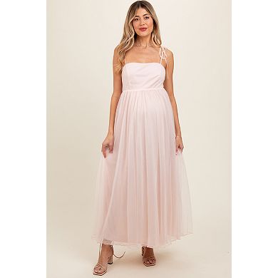 Maternity Pink Square Neck Shoulder Tie Tulle Maxi Dress