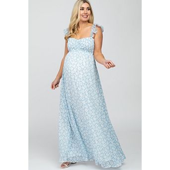 Maternity Blue Floral Chiffon Sweetheart Neck Off Shoulder Maxi Dress