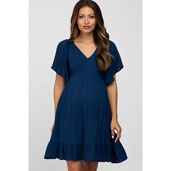 Maternity Blue Smocked Front Ruffle Hem Dress
