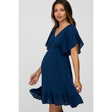 Maternity Blue Smocked Front Ruffle Hem Dress