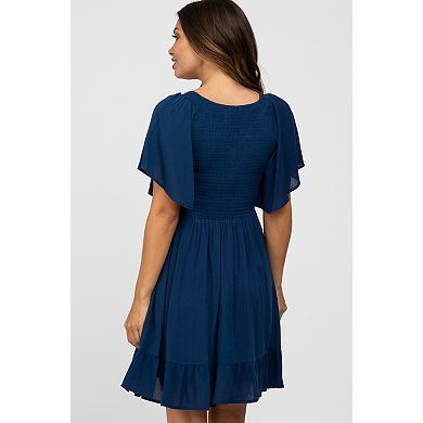 Maternity Blue Smocked Front Ruffle Hem Dress