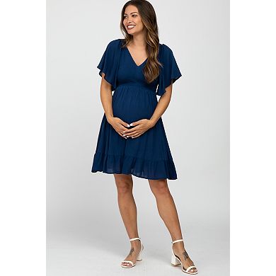 Maternity Blue Smocked Front Ruffle Hem Dress