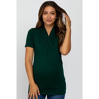 Maternity Green Solid Short Sleeve Wrap Front Nursing Top