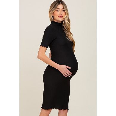 Maternity Ribbed Mock Neck Fitted Midi Dress