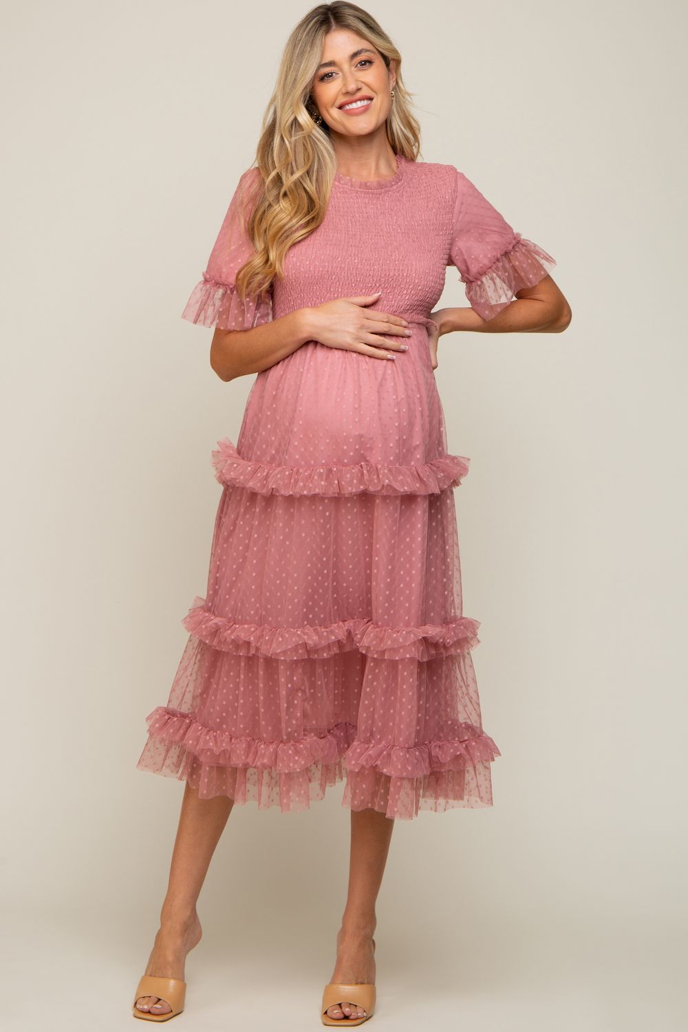 Женские платья Maternity Polka Dot Tulle Smocked Midi Dress